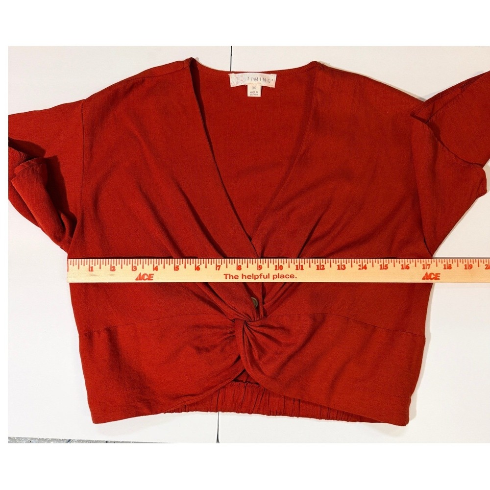 Timing Rust Red Twist Front Crop Top Medium V-Neck Linen Blend Short Sleeve - Picture 12 of 16